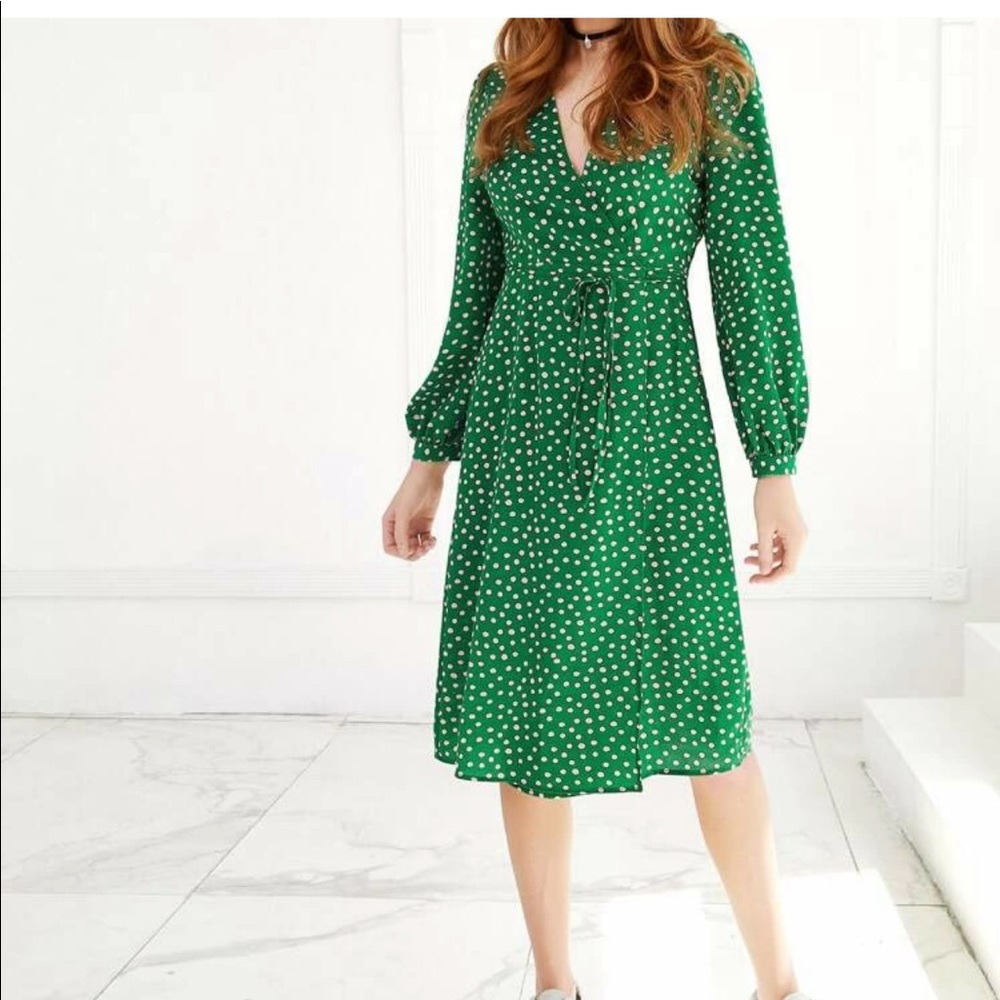 Green polka dot wrap dress